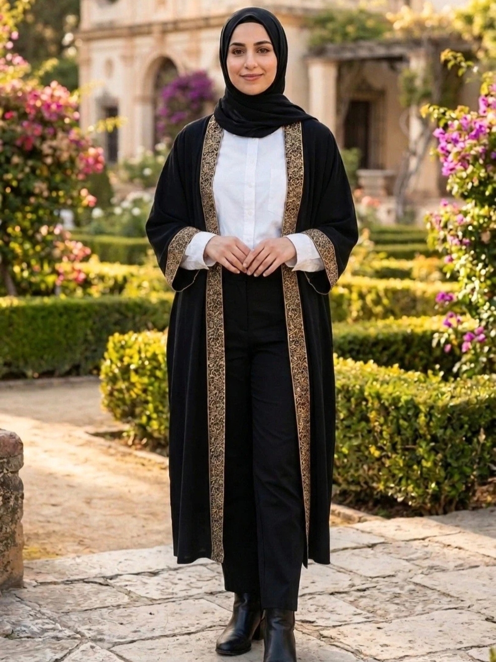 Black Embroidered Open Abaya with Gold Trim - Women,